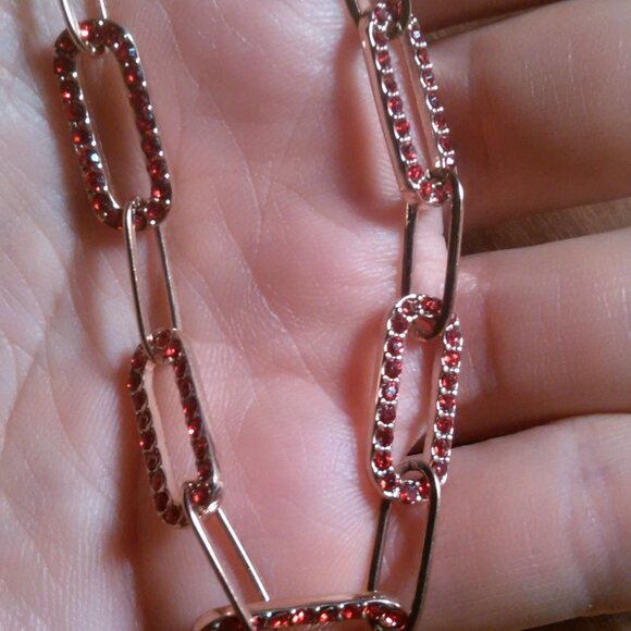 Red Austrian Crystal Paperclip Ion Plated Rose Gold Stainless Steel Necklace - Picture 8 of 10
